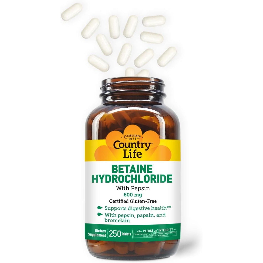 Buy now Country Life Betaine Hydrochloride with pepsin 600 mg - 250 Tablets at indiglob india