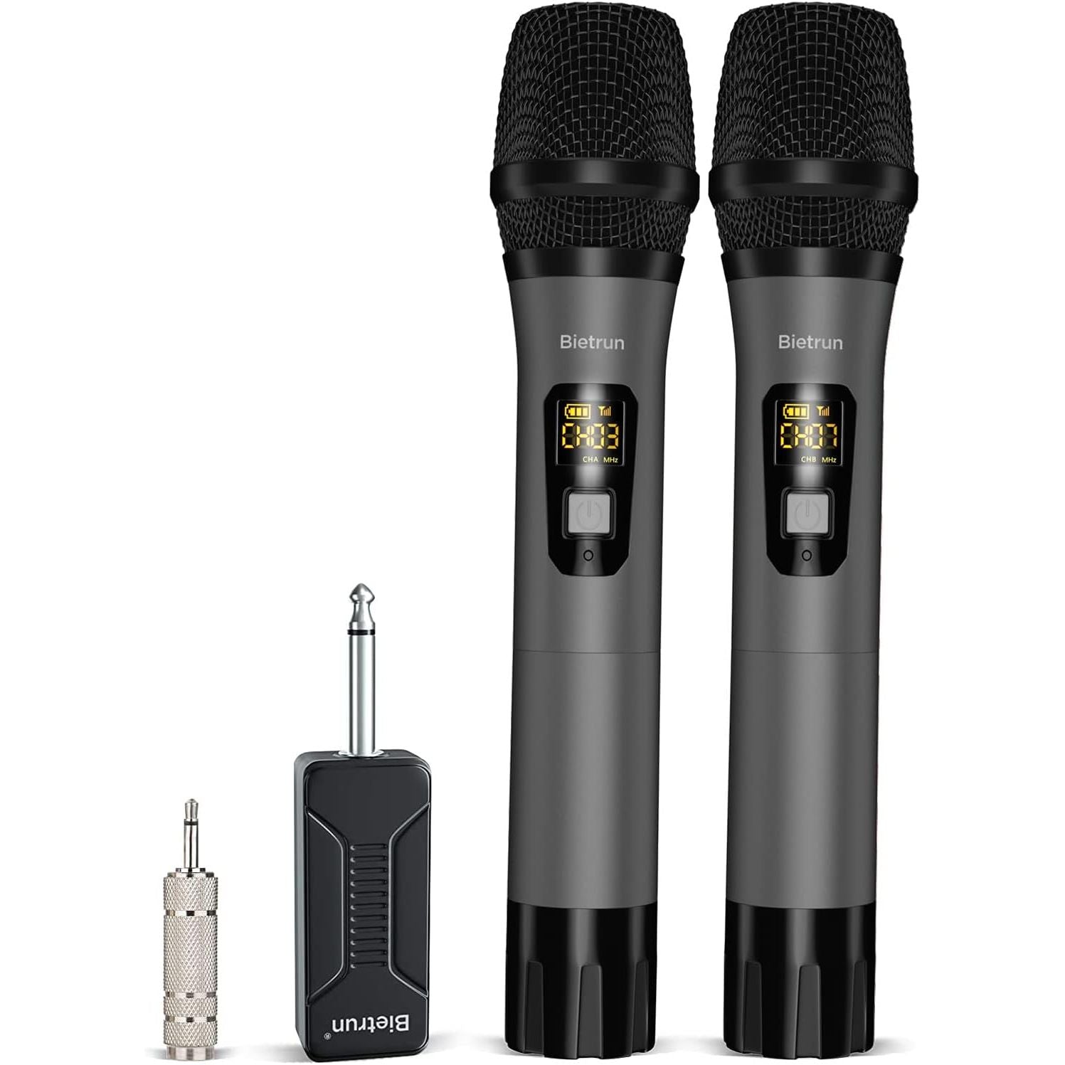 Buy now Bietrun Wireless Microphone, Professional UHF Metal Dual Handheld Cordless Dynamic Mic System Set with Rechargeable Receiver, 1/4‘’Output, Plug and Play, Instrument-Wireless-Mics for Karaoke, Wedding Grey at indiglob india