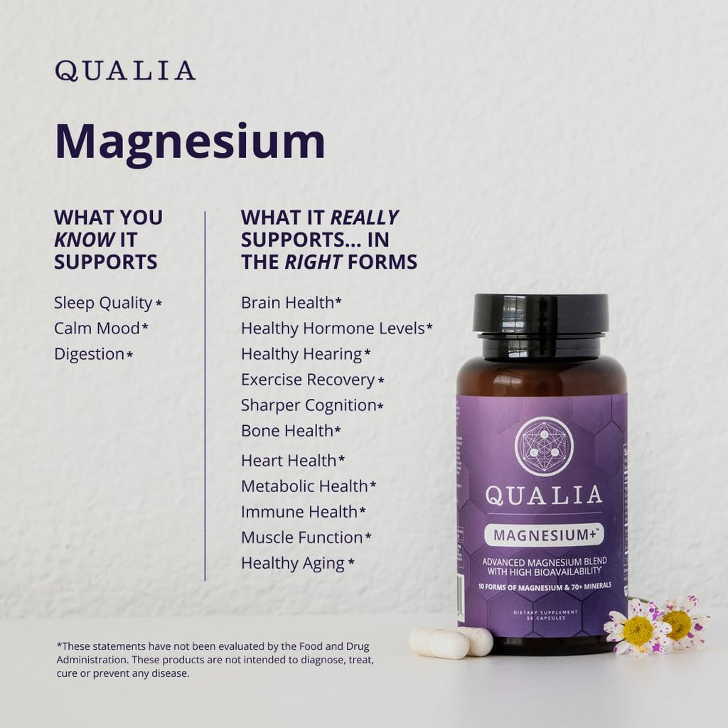 Qualia Magnesium Supplement with Glycinate, 10 Forms and 70+ Minerals | Magnesium complex for women & men with citrate & taurate, for sleep & muscle recovery; clinically studied, high absorption