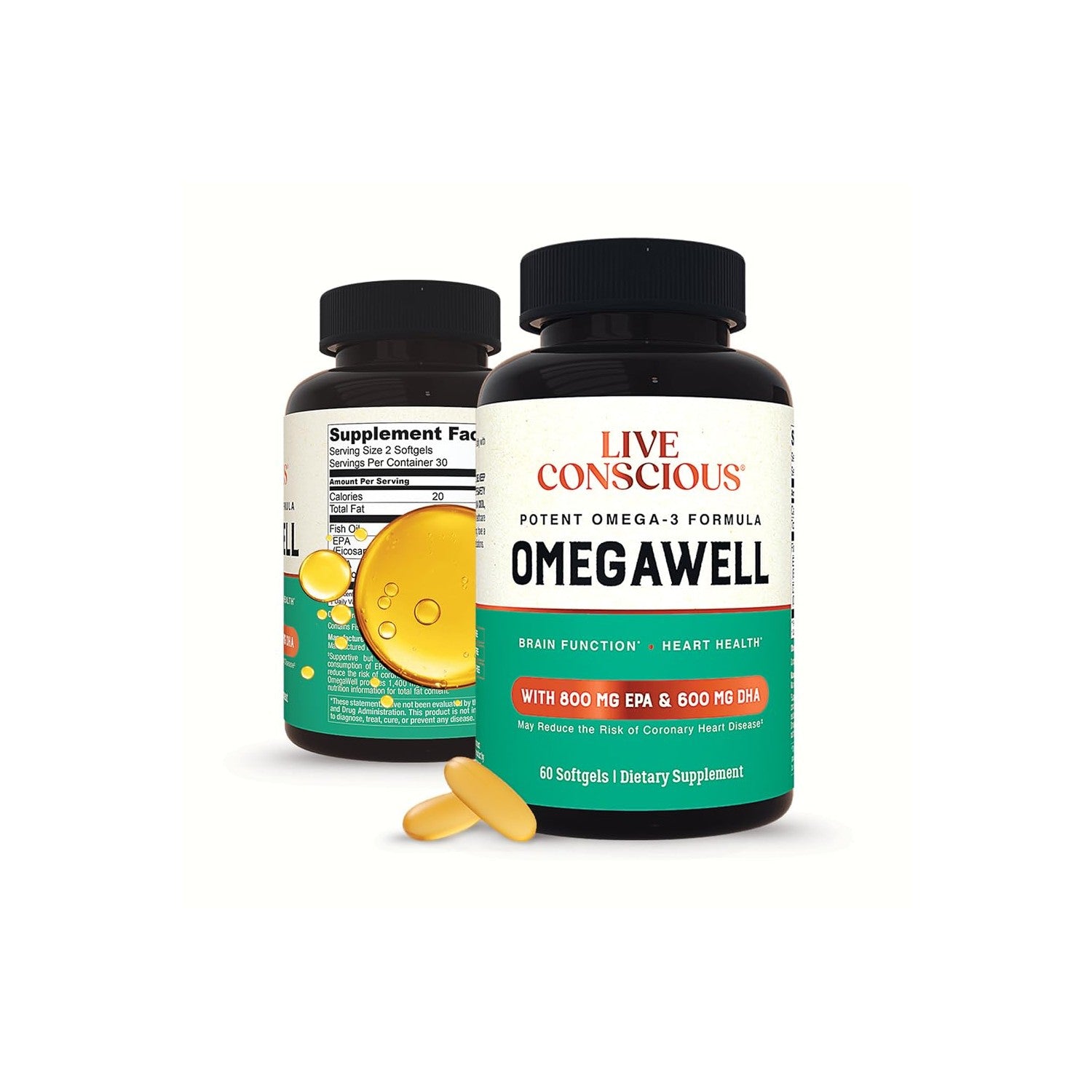 Live Conscious OmegaWell Omega 3 Fish Oil - 2000mg Capsules: Heart, Brain, & Joint Support - 800 mg EPA 600 mg DHA - Sustainably Sourced - Softgels - 30 Day Supply