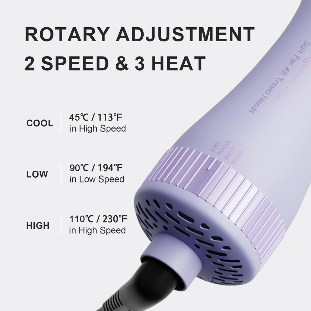 Compact hair dryer with rotary adjustment, featuring 2 speeds and 3 heat settings for versatile styling. Imported quality.