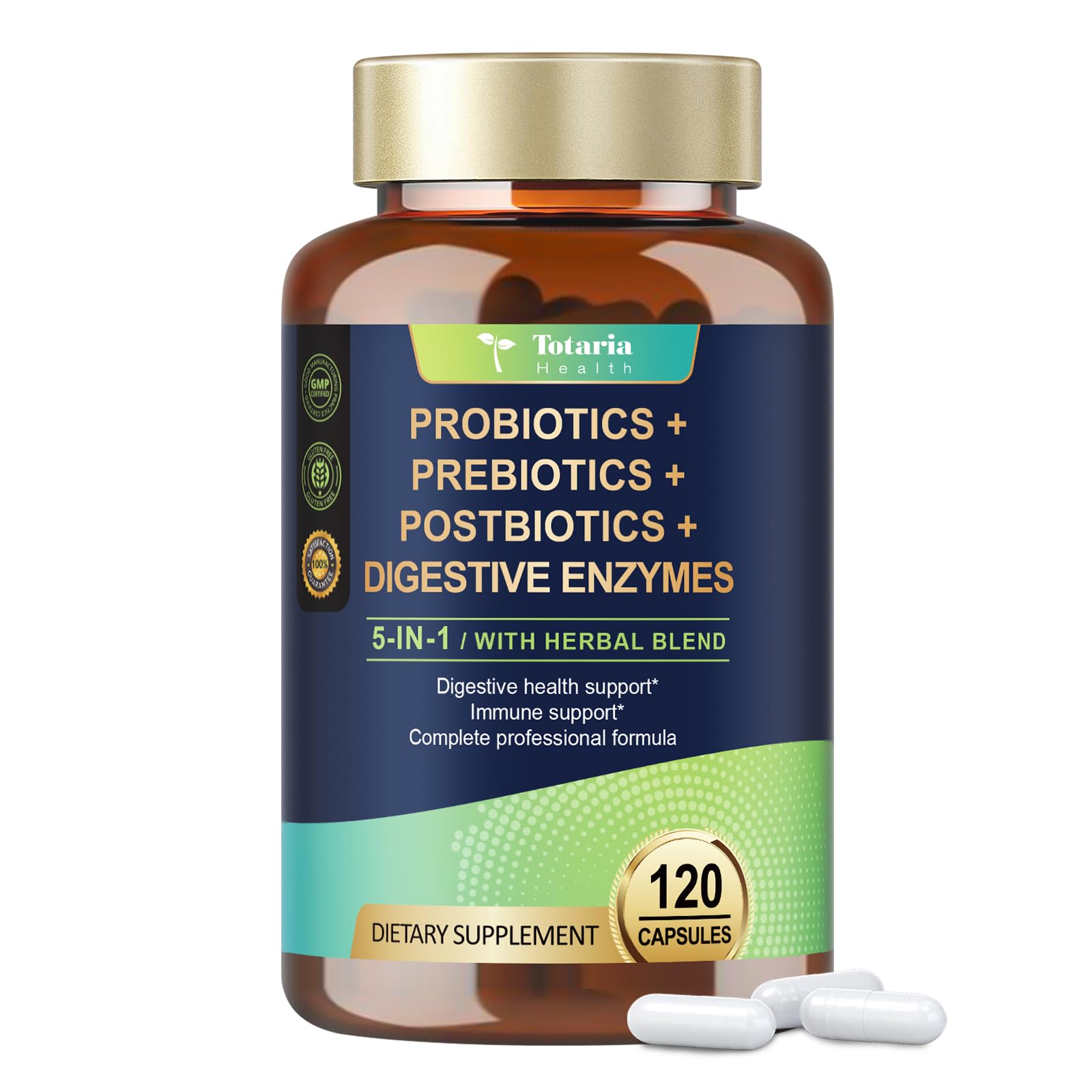 Totaria (2 Packs) 5-in-1 Probiotic Prebiotic & Postbiotic for Women Men, 60 Billion CFU 24 Strains w/Digestive Enzymes, Slippery Elm, Daily Complete Gut Health, Digestive & Immune Support