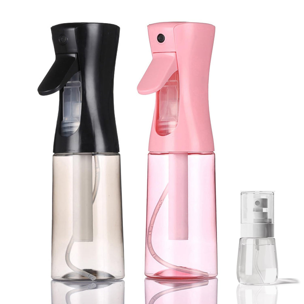 3 Pack Spray Bottles, 2-Pack Continuous Spray Bottles,Fine Water Mist Spray Bottles for Hair 6.8 OZ (200 ML) and 1oz 30ml Travel Spray Bottle Mister for Cleaning,Hairstyling,Plants,Pets Pink Black
