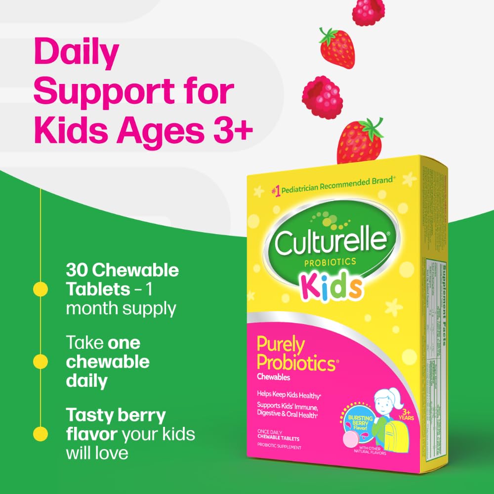 Culturelle Daily Chewable Probiotics for Kids Ages 3+, Berry Flavor, 30 Ct | From the #1 Pediatrician Recommended Brand± Promotes Digestive Gut Health, Oral Care & Immune Support* 5B CFUs, Gluten Free