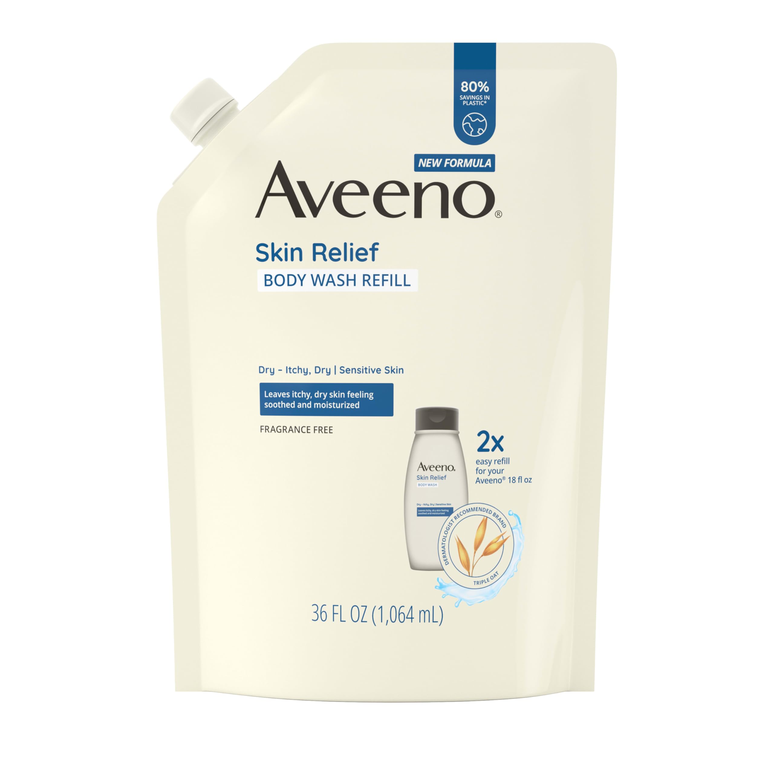 Aveeno Skin Relief Body Wash Refill, Fragrance-Free, 36 fl. oz | Triple Oat Formula, Gentle Daily Cleanser for Sensitive Skin, Leaves Itchy, Dry Skin Feeling Soothed & Moisturized