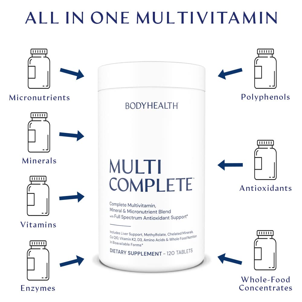 BodyHealth Multi Complete (120 Ct) Daily Multivitamin for Men and Women with Whole Foods, Minerals, Antioxidants, Organic Green Food Concentrates, and Liver Detox Extracts, Non GMO