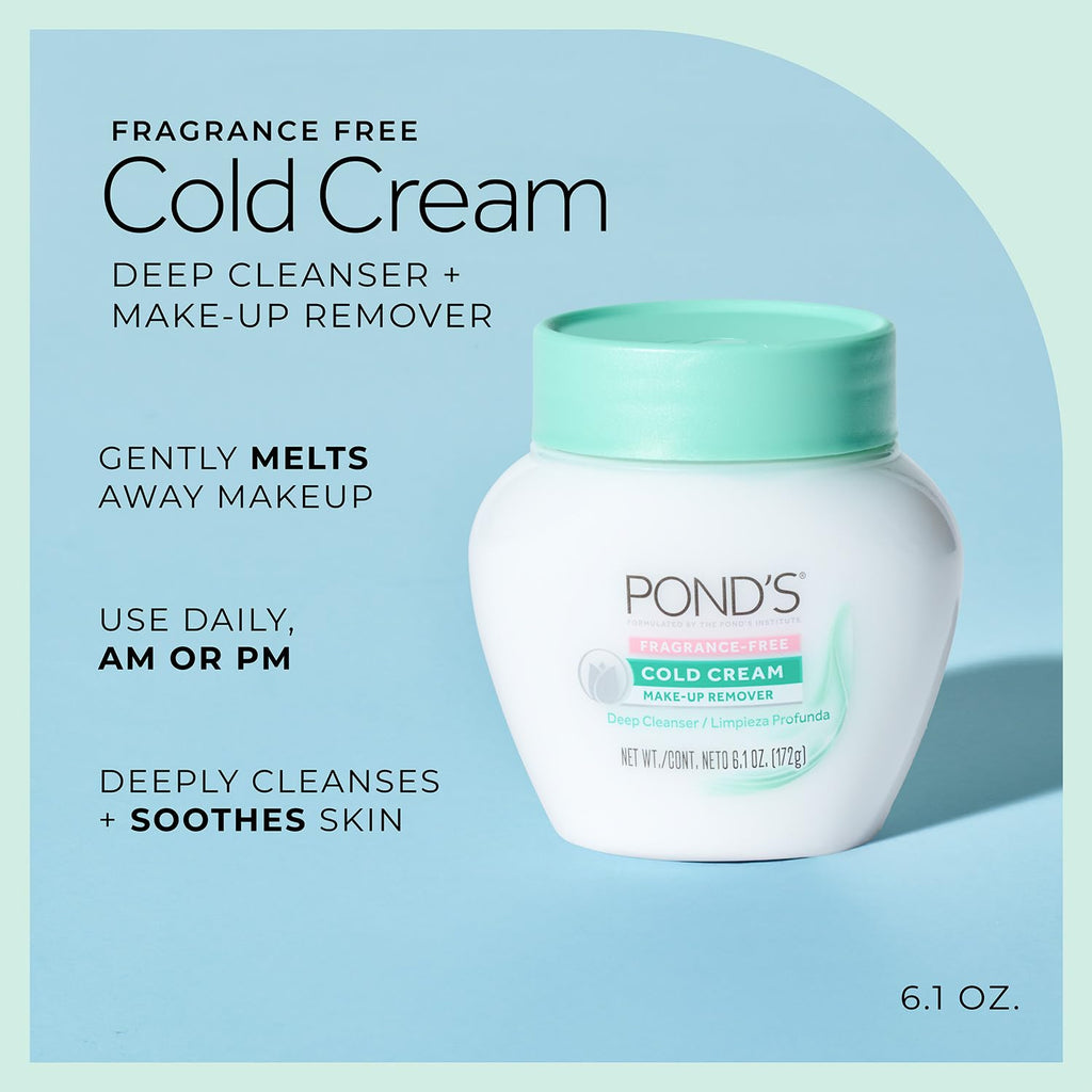 POND'S Cold Cream Make-Up Remover, Fragrance-Free Deep Cleanser 2-Pack – Non-Comedogenic, Hypoallergenic, Dermatologist-Tested, 6.1 Oz Ea