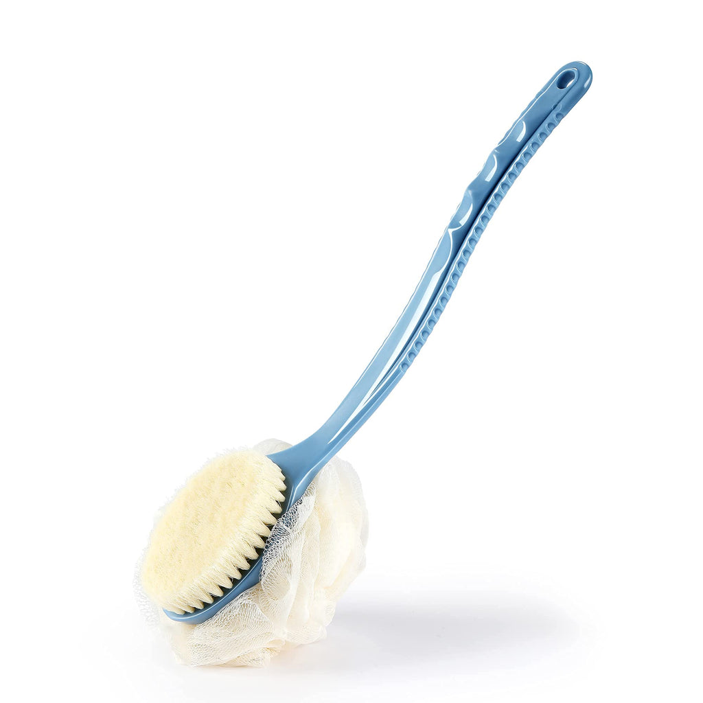 Shower Body Brush Bristles & Mesh Loofah Sponge,Curved Handle Back Scrubber | Long Handle Bath Brush with Mesh Sponge for Skin Exfoliating,Massage Bristles Suitable for Wet or Dry,Men & Women(Blue)