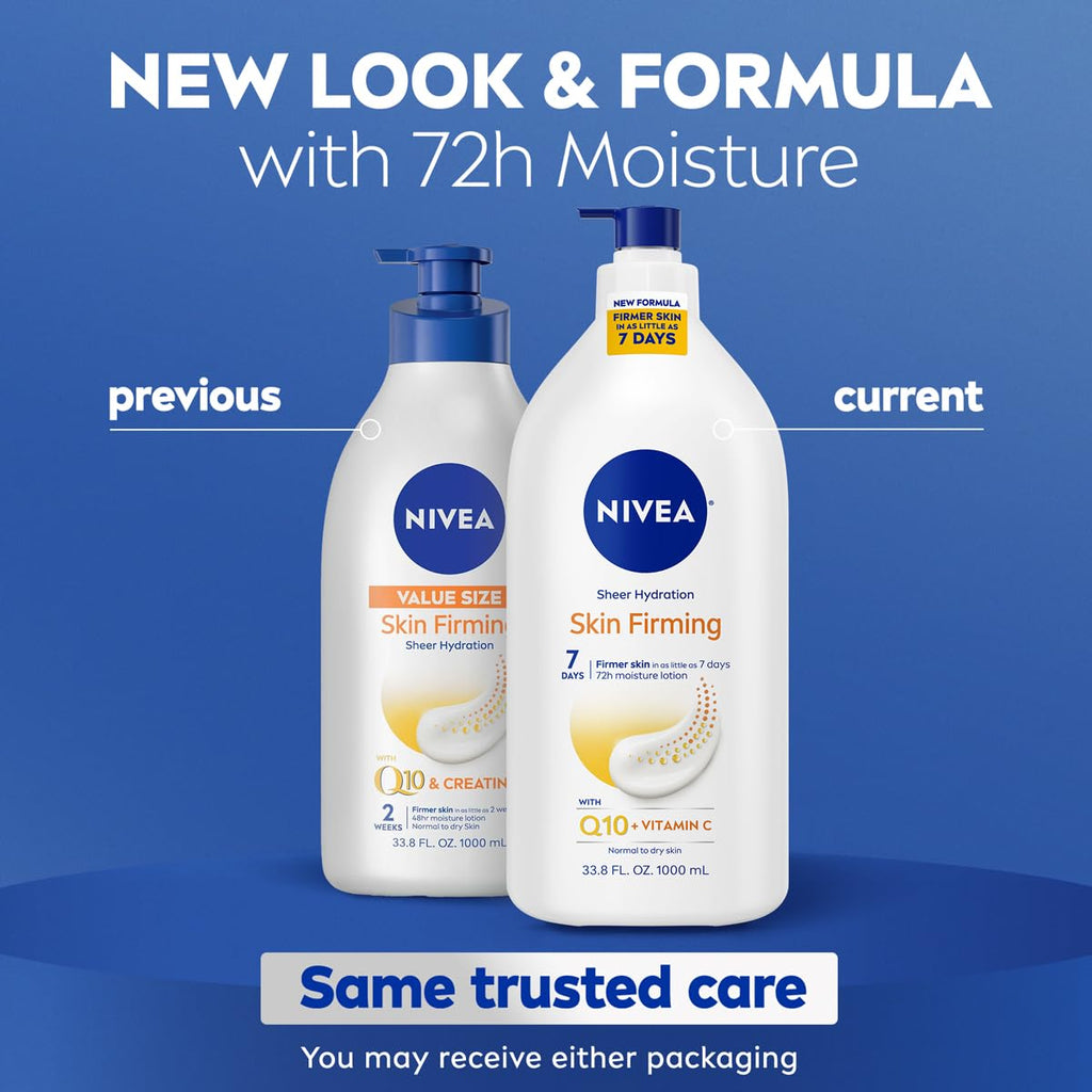NIVEA Sheer Hydration Skin Firming Body Lotion, 33.8 FL OZ | Skin Firming Body Lotion with Q10 and Vitamin C, 72-Hour Moisturizing Lotion For Normal to Dry Skin, Paraben Free