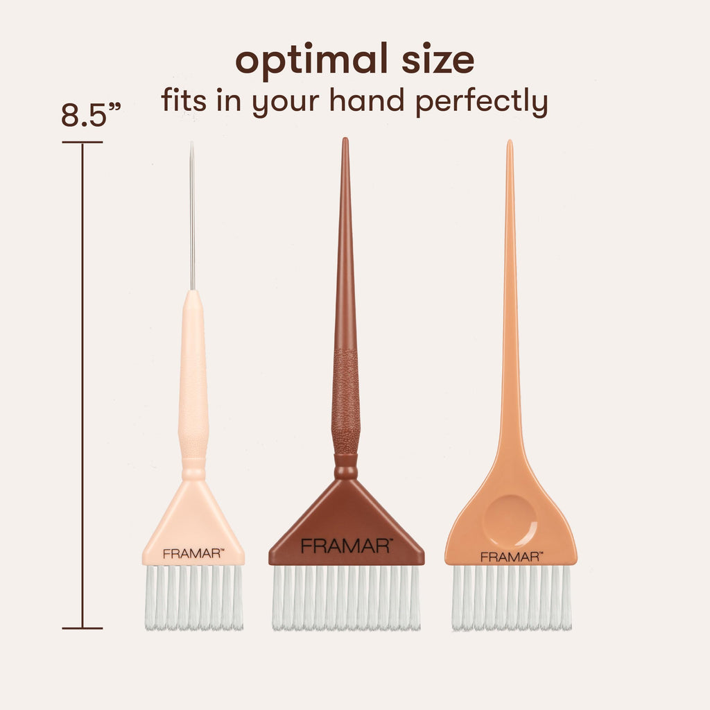 Framar Family Hair Color Brush Set includes three brushes of optimal size for precise application, trusted by professionals.