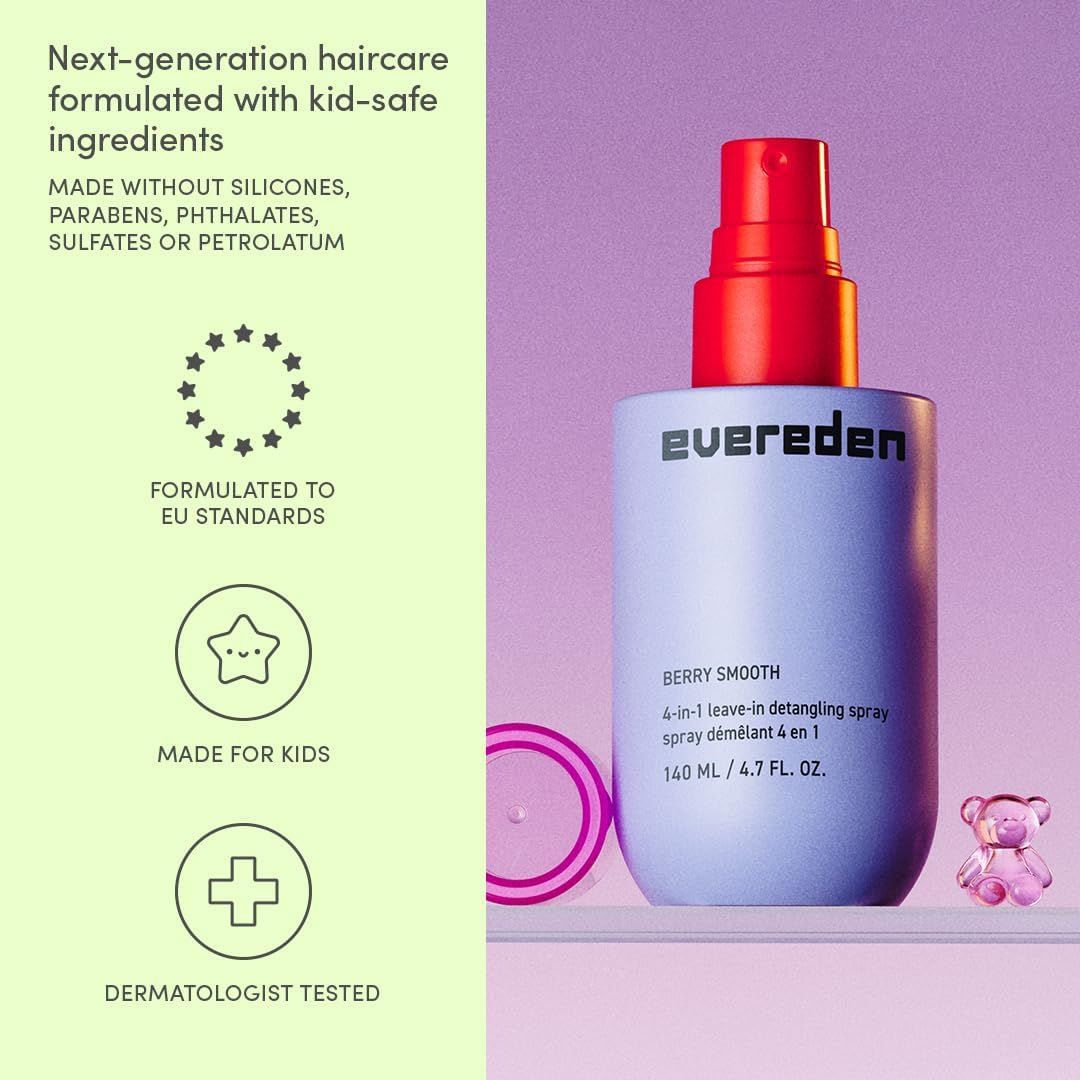 Evereden Kids 4-in-1 Detangler Spray, Silicone-Free, EWG Verified, Vegan | Developed with Harvard & Stanford Dermatologists, 4-in-1 Leave-In Conditioner for Girls, Straight, Curly Hair, Wet or Dry Use