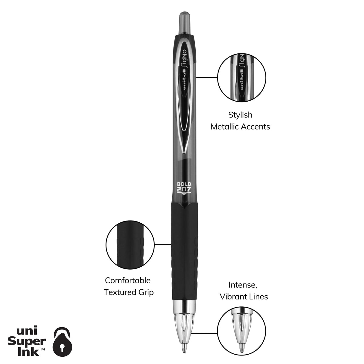Uni-Ball® 207™ Retractable Fraud Prevention Gel Pens, Bold Point, 1.0 mm, Translucent Black Barrels, Black Ink, Pack Of 4