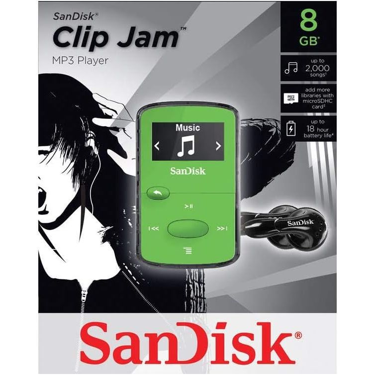 Buy now SanDisk 8GB Clip Jam MP3 Player, Green - microSD card slot and FM Radio - SDMX26-008G-G46G at indiglob india