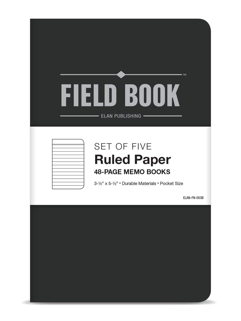 Elan Publishing Company Field Notebook/Pocket Journal - 3.5"x5.5" - Black - Lined Memo Book - Pack of 5
