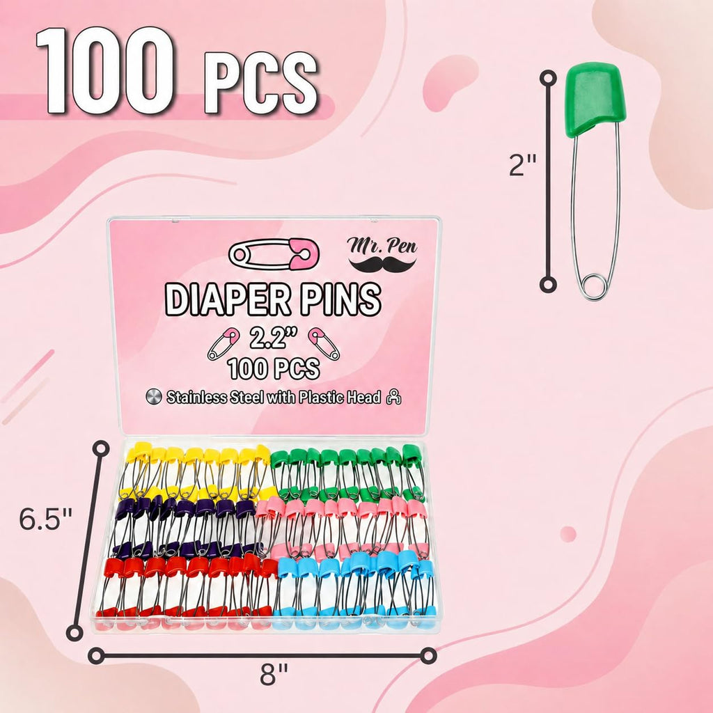 Mr. Pen- Diaper Pins, 2.2", 100 pcs, Stainless Steel, Plastic Head