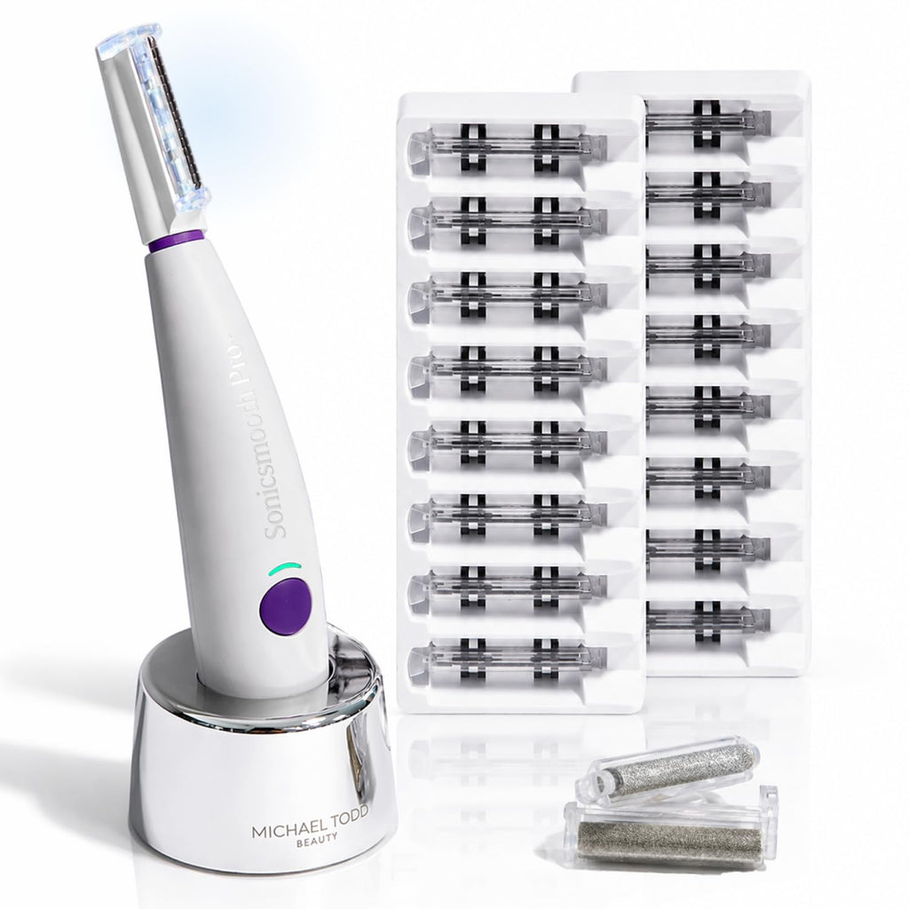 Michael Todd Beauty Sonicsmooth Pro+ Dermaplaning System & Eyebrow Trimmer | Peach Fuzz Removal, Dermaplane Razor for Women Face w/ 16 Blades & 2 Microsmooth Exfoliation Tips, LED Light, 3-Year Warranty