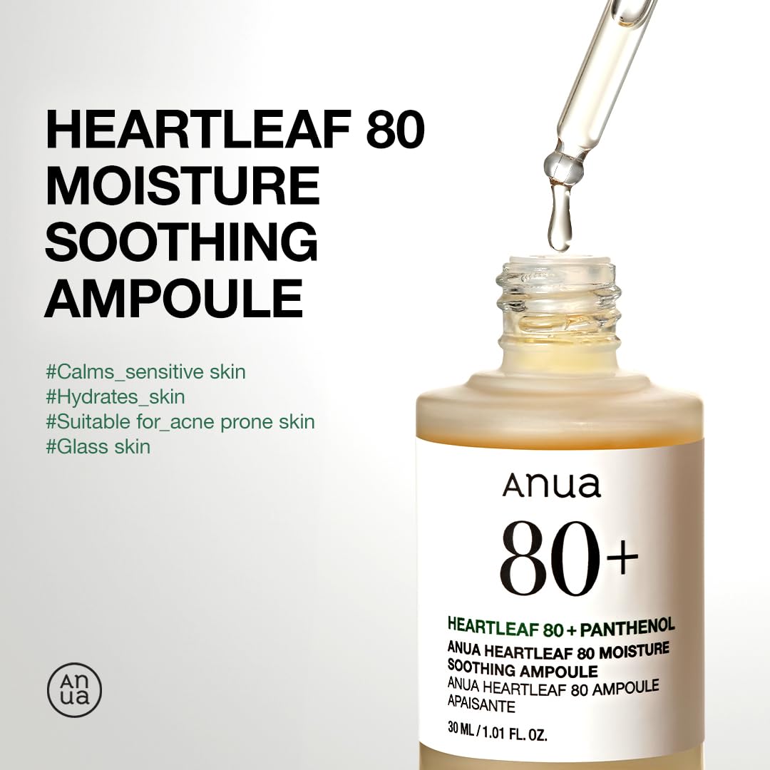 Buy now Anua Heartleaf 80 Soothing Ampoule, Hydration Facial Serum for Glass Skin, Panthenol, Hyaluronic Acid, Non-Greasy, Gentle Formula, Lightweight Essence, Vegan, Korean Skin Care, 30ml/1.01 fl.oz at indiglob india