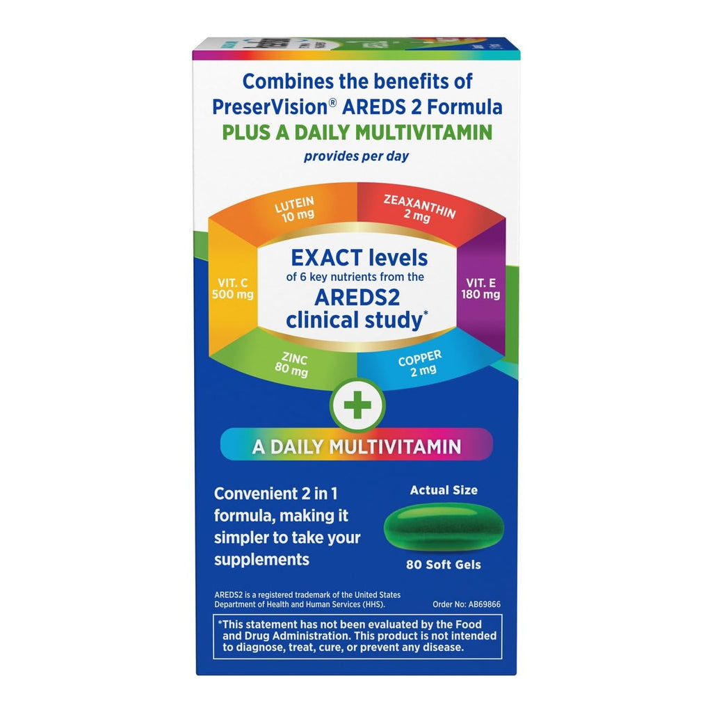 PreserVision AREDS 2 + Multivitamin Eye Vitamins, 2-in-1, 80 Softgels | AREDS 2 eye health supplement, lutein, zeaxanthin, zinc, vitamins C D E, macular support*, #1 eye doctor recommended brand1