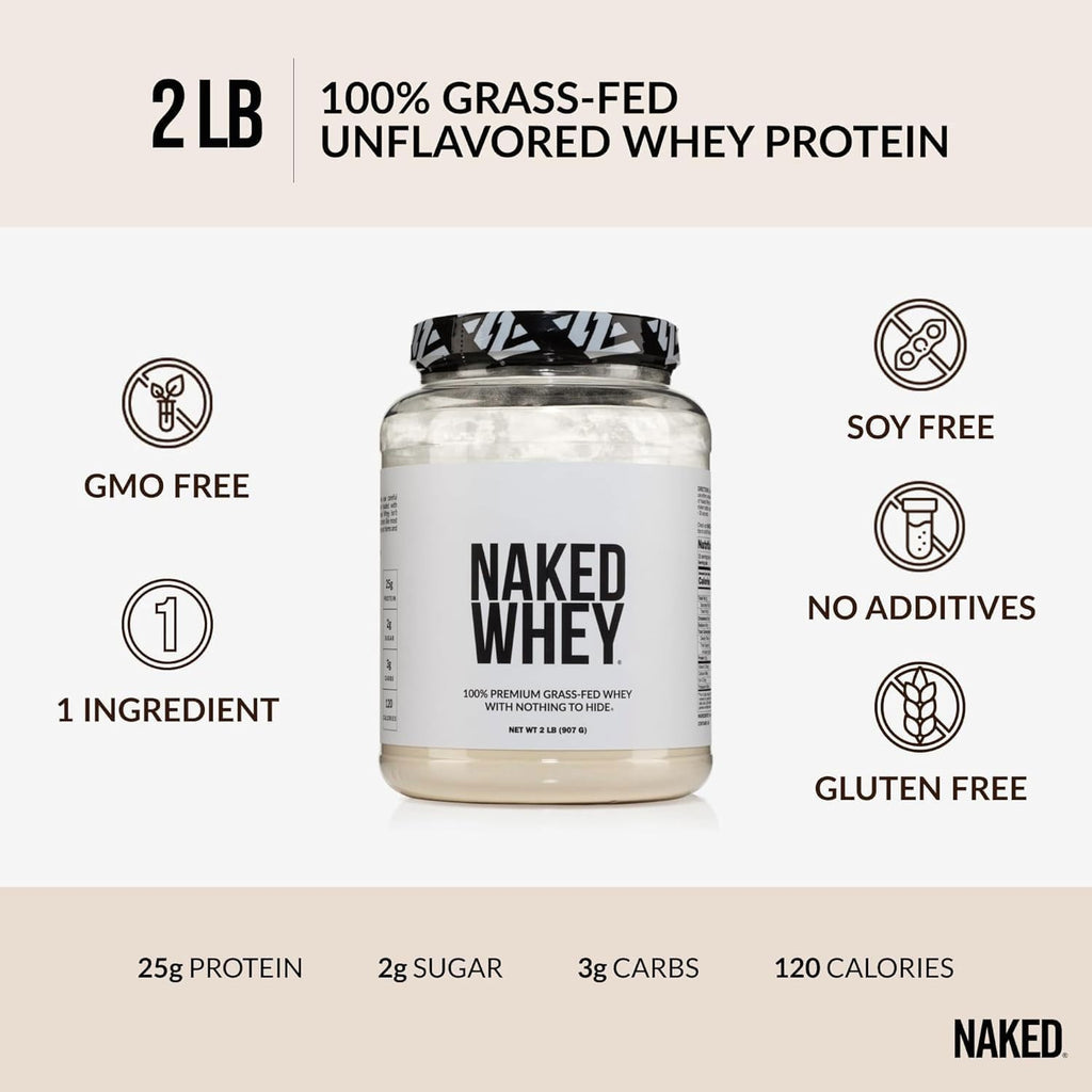 Buy now NAKED Whey 2LB 100% Grass Fed Whey Protein Powder - Only 1 Ingredient, Unflavored Whey Protein, Undenatured, Gluten Free, Soy Free, No GMOs, No Preservatives at indiglob india