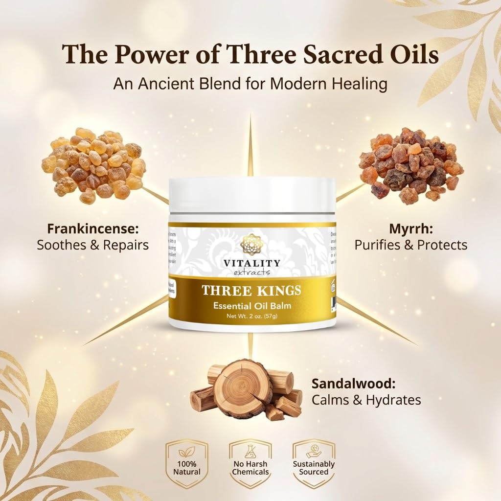 Vitality Extracts Three Kings Balm - 2oz, Frankincense, Myrrh, Sandalwood, Sacred, Ultra-hydration, Relief from Discomfort, Soft Skin