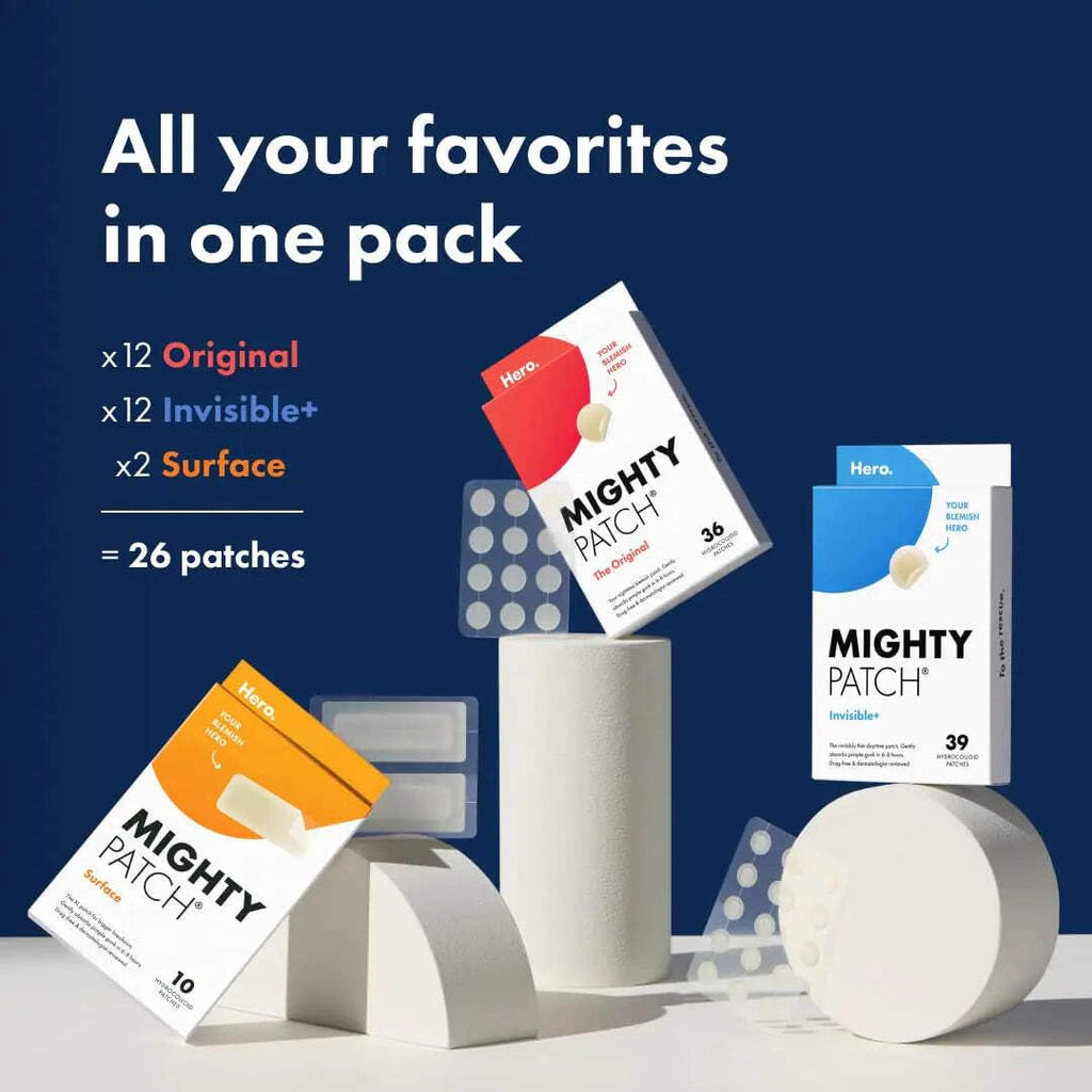 Mighty Patch Hero Cosmetics Variety Pack of Acne Pimple Patches, 26 Ct | Includes Original, Invisible+, XL Surface Patches; Hydrocolloid Patches; For Covering Zits and Blemishes; Korean Skin Care
