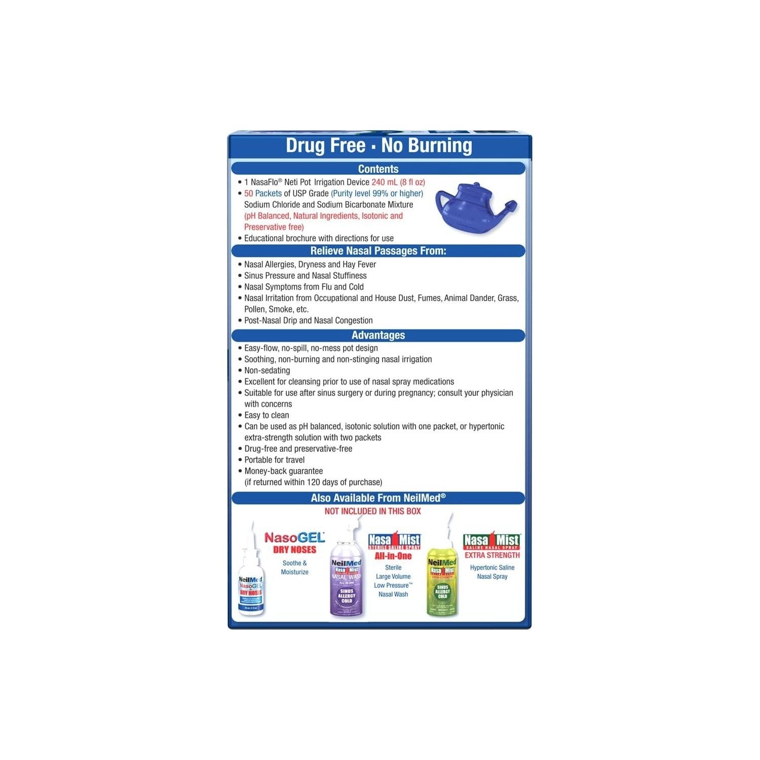 Buy now NeilMed NasaFlo Unbreakable Neti Pot with 60 Premixed Packets at indiglob india