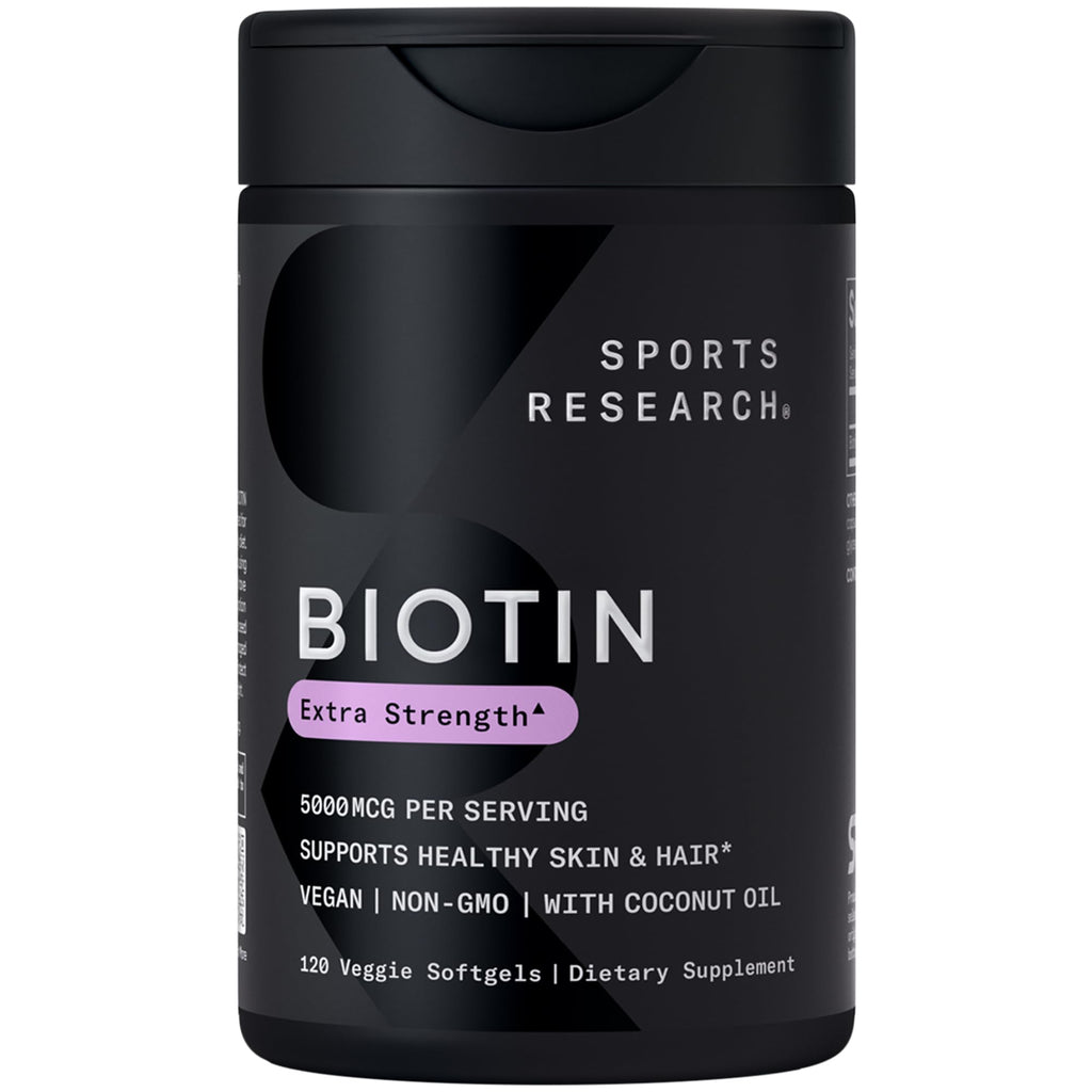 Sports Research® Biotin 10,000mcg w/Coconut Oil, 120 Count Plantgels™ | Max Strength Vegan Biotin (Vitamin B7) for Healthy Skin and Hair Support | Non-GMO, Gluten & Soy-Free, 120 Servings