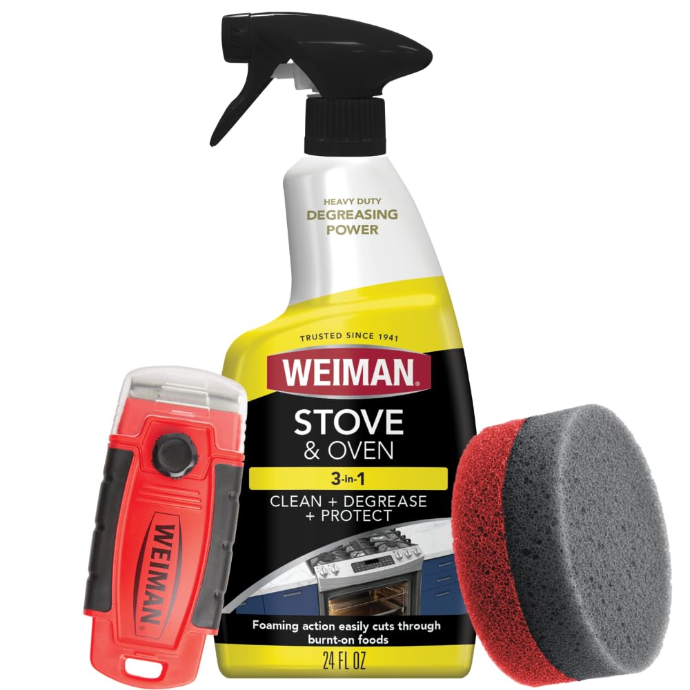Weiman Heavy Duty Stove and Oven Cleaner 3 Piece Total Clean Kit, For Baked on Grease, Grime, Carbonized Food, Includes Foaming Cleaner (24oz), Precision Razor Tool, Dual-Action Scrub & Shine Sponge