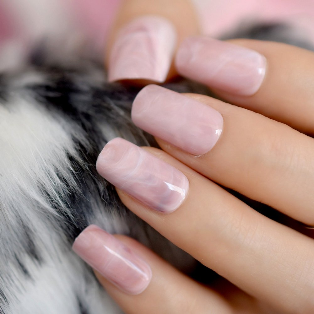Buy now EchiQ Pearl Shine Glossy Fake Nails Shimmer White Square French Nail Ombre Faux Ongles Gradient Medium Fingernails with Gluetabs Z836 at indiglob india