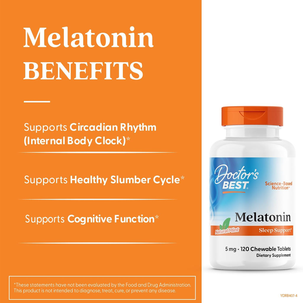 Buy now Doctors Best Melatonin, Sleep Support, Non-GMO, Gluten Free Vegan, Natural Mint Flavor 120 Chewable Tablets at indiglob india