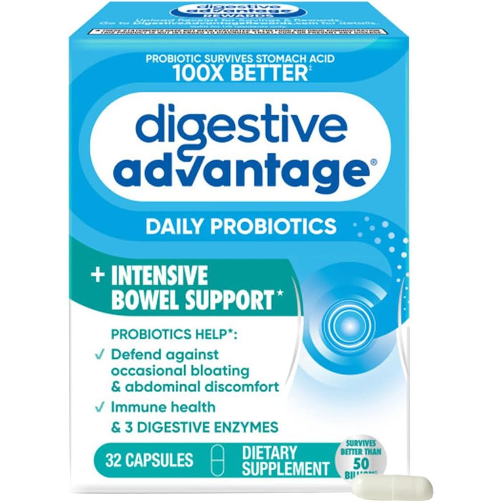 Buy now Digestive Advantage Intensive Bowel Support Probiotic Supplement 32 Capsules, Defends Against Gas, Bloating, Abdominal discomfort, Survives 100x Better Default at indiglob india