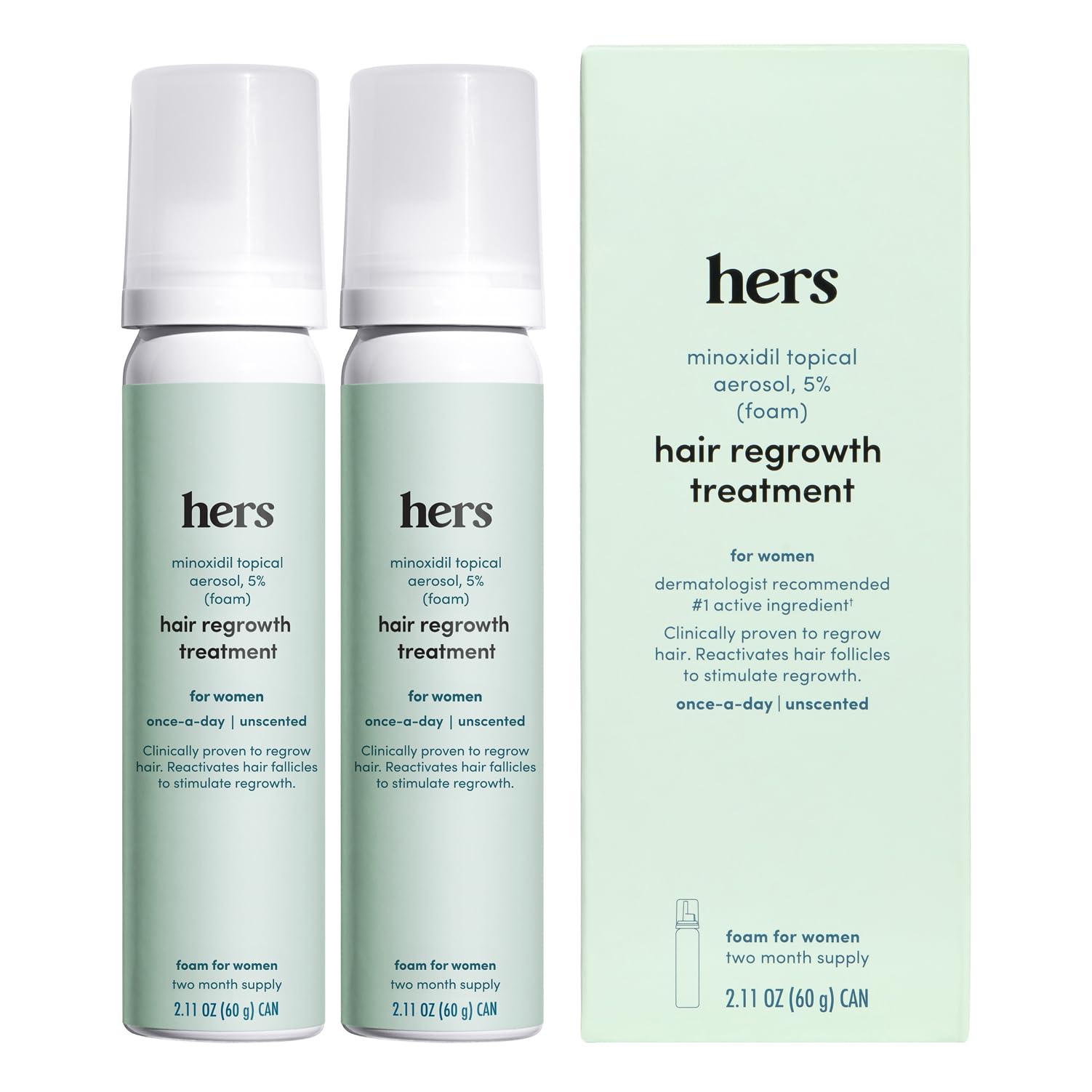 hers Hair Regrowth Treatment, Minoxidil 2% for Women, Unscented, 2 Pack | 2% Topical Minoxidil Solution, Hair Regrowth Treatment for Women, Non-Greasy and Unscented