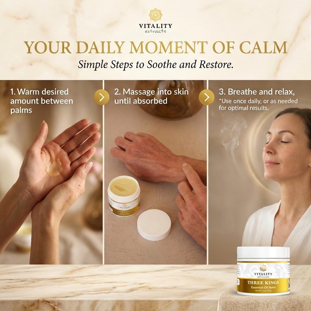 Vitality Extracts Three Kings Balm - 2oz, Frankincense, Myrrh, Sandalwood, Sacred, Ultra-hydration, Relief from Discomfort, Soft Skin