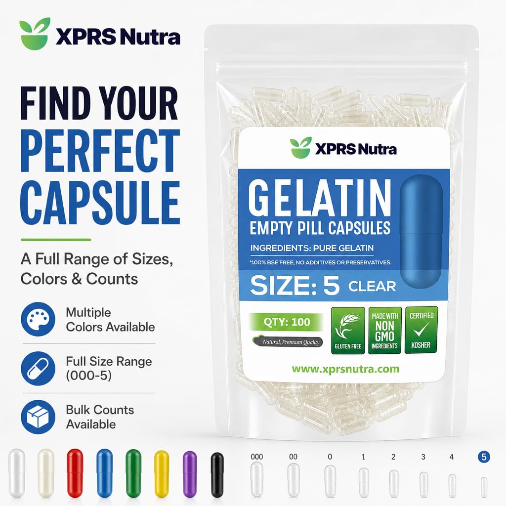 XPRS Nutra Size 5 Empty Capsules - 100 Count Clear Very Small Empty Gelatin Capsules - Pills DIY Capsule Filling - Fillable Pill Gel Caps for Do-It-Yourself Vitamin Supplements