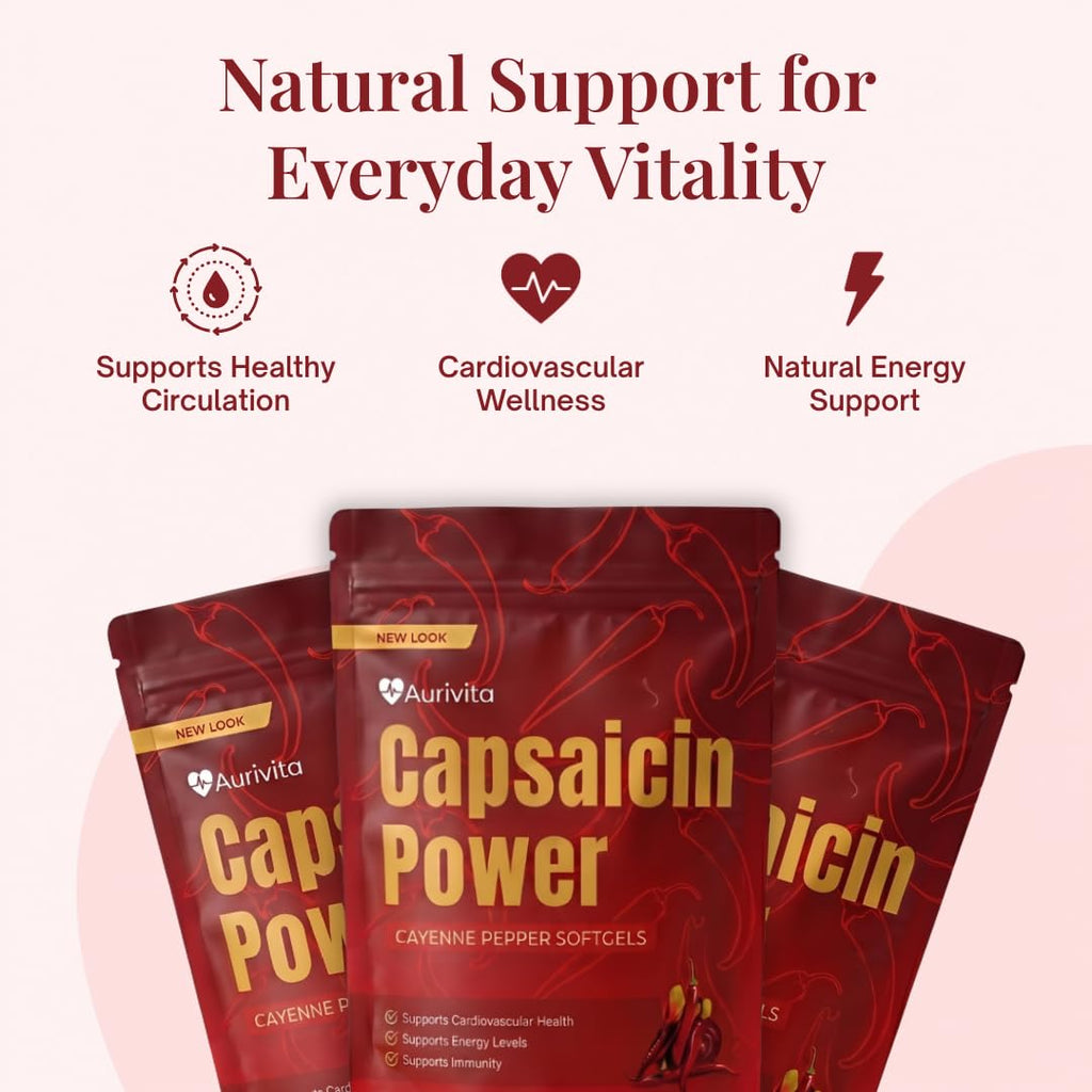 Aurivita Cayenne Pepper Capsules 180 Softgels - Cayenne Pepper Capsaicin Supplement with Vitamin E D3 & K2, Beetroot & Turmeric, Supports Circulation & Daily Energy