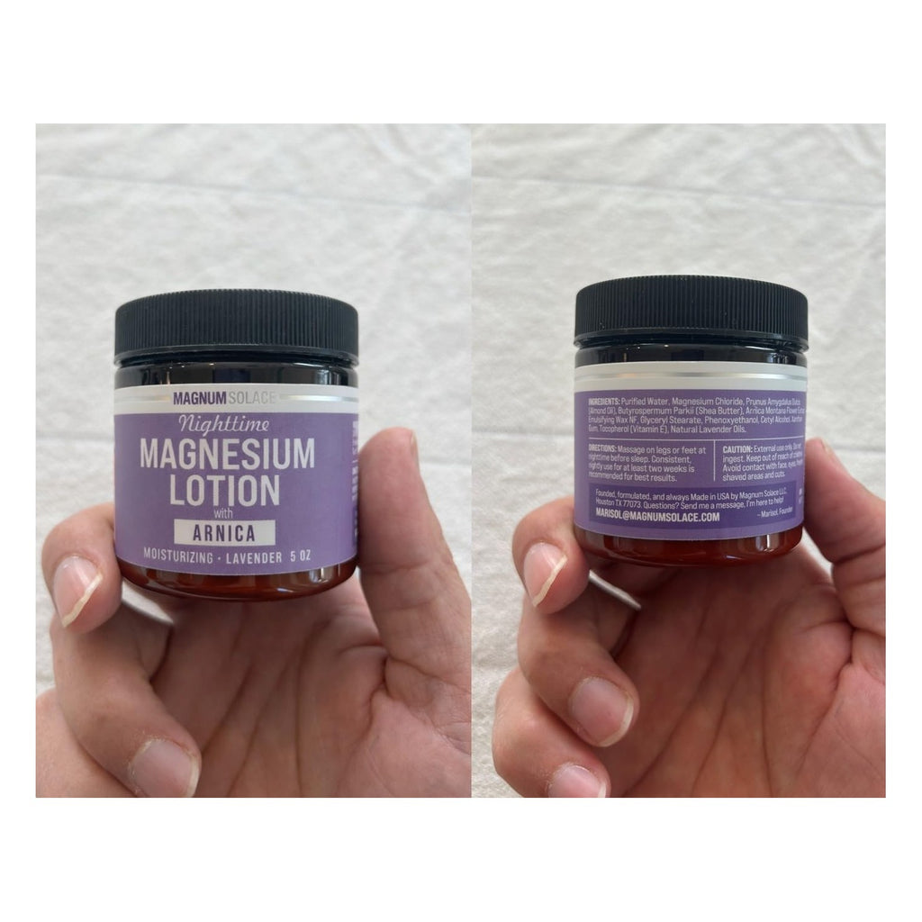 Magnum Solace Nighttime Magnesium Lotion with Arnica – Highly Concentrated Magnesium for Muscles & Joints – Apply to Legs or Feet Before Bed – Skin-Friendly