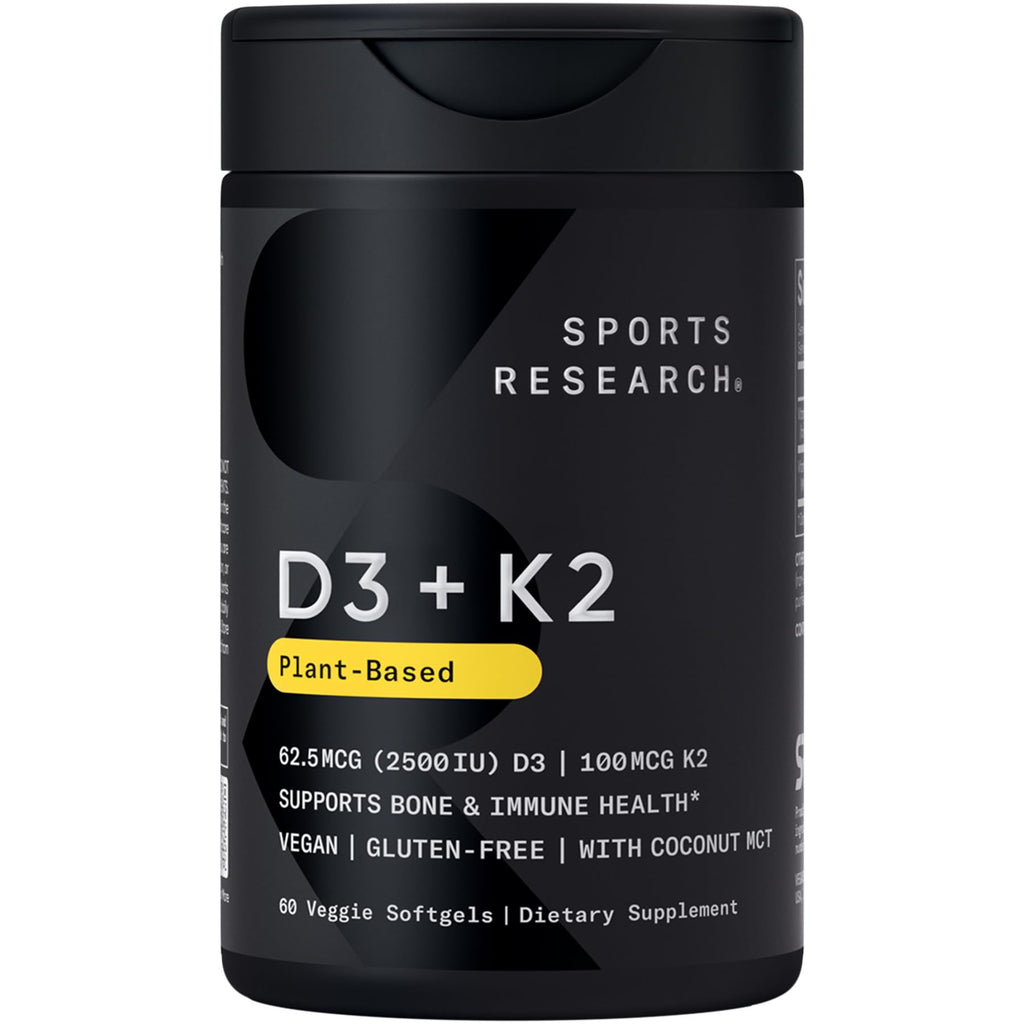 Sports Research® Vegan Vitamin D3 + K2 w/Coconut Oil, 60 Count Plantgels™ | Plant-Based Vitamin D 2500iu/62.5mcg & Soy-Free Vitamin K 100mcg for Bone & Immune Support - Vegan Certified · Non-GMO