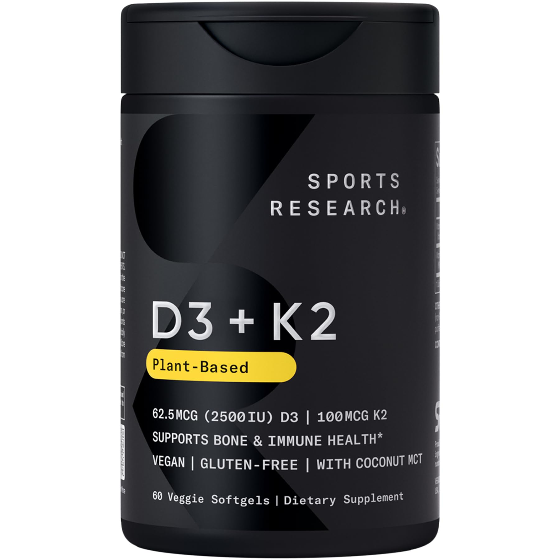 Sports Research® Vegan Vitamin D3 + K2 w/Coconut Oil, 60 Count Plantgels™ | Plant-Based Vitamin D 2500iu/62.5mcg & Soy-Free Vitamin K 100mcg for Bone & Immune Support - Vegan Certified · Non-GMO