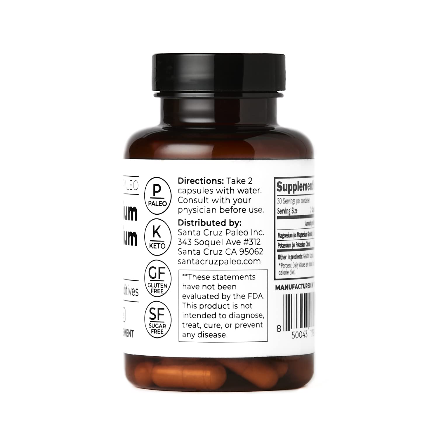 Santa Cruz Paleo Magnesium + Potassium Caps, Supplement for Men and Women, Paleo, Keto, Sugar & Gluten Free, Magnesium Glycinate 166mg and Potassium Citrate 38mg per Serving, American Made, 60 Caps