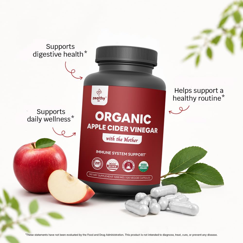Organic Apple Cider Vinegar with The Mother – 1200mg Capsules for Optimal Wellness, Gluten-Free, Non-GMO, 120 Veggie Capsules – Zealthy Life