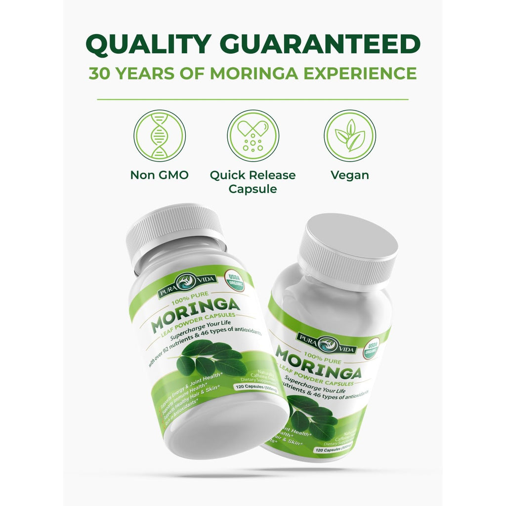 PURA VIDA MORINGA Organic Moringa Capsules, Pure Moringa Leaf Powder Single Origin for Energy, Metabolism & Immune Support, 120ct, 500mg Caps