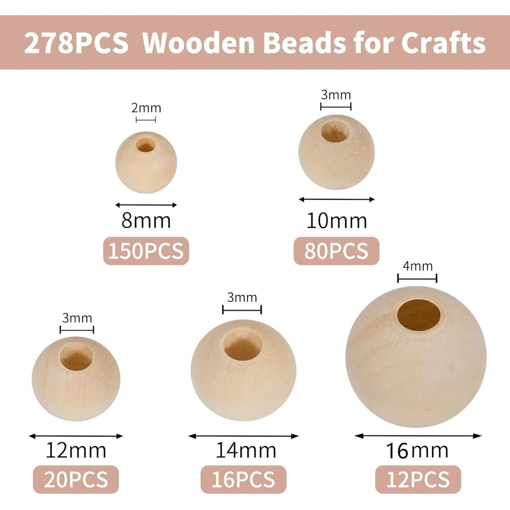280pcs Wooden Beads for Crafts 5 Sizes Unfinished Wood Bead Bulk 8mm, 10mm, 12mm, 14mm, 16mm Beads for Craft Making Decorations DIY Jewelry Making, Macrame, Bracelets