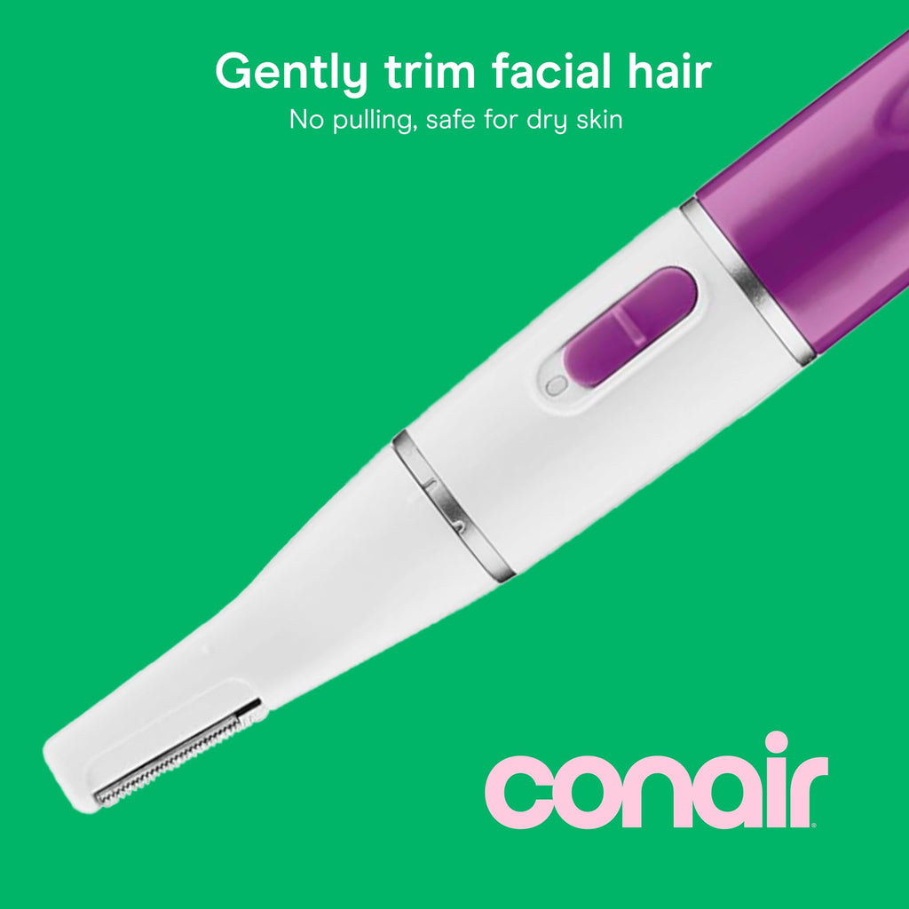 Conair Facial Trimmer for Women, Pinch-Free Precision, 2 Brow Combs | Battery-operated design with a precision trimmer and a nose and ear trimmer offers pain-free facial hair removal for women