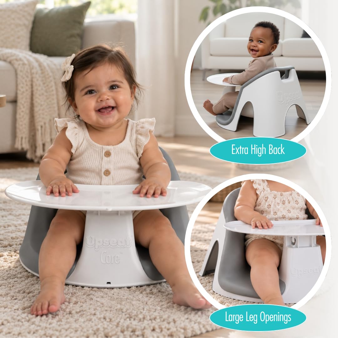 Upseat Core Ergonomic Baby Floor Seat with Removable Tray & Cushion, Lightweight Portable Infant Sitting Chair for Upright Posture & Healthy Hip Development, Easy-Clean Design