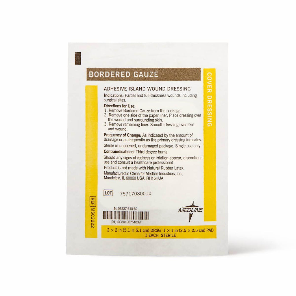 Medline Bordered Gauze, 2" x 2" Adhesive Island Wound Dressing, Sterile, 15 Count