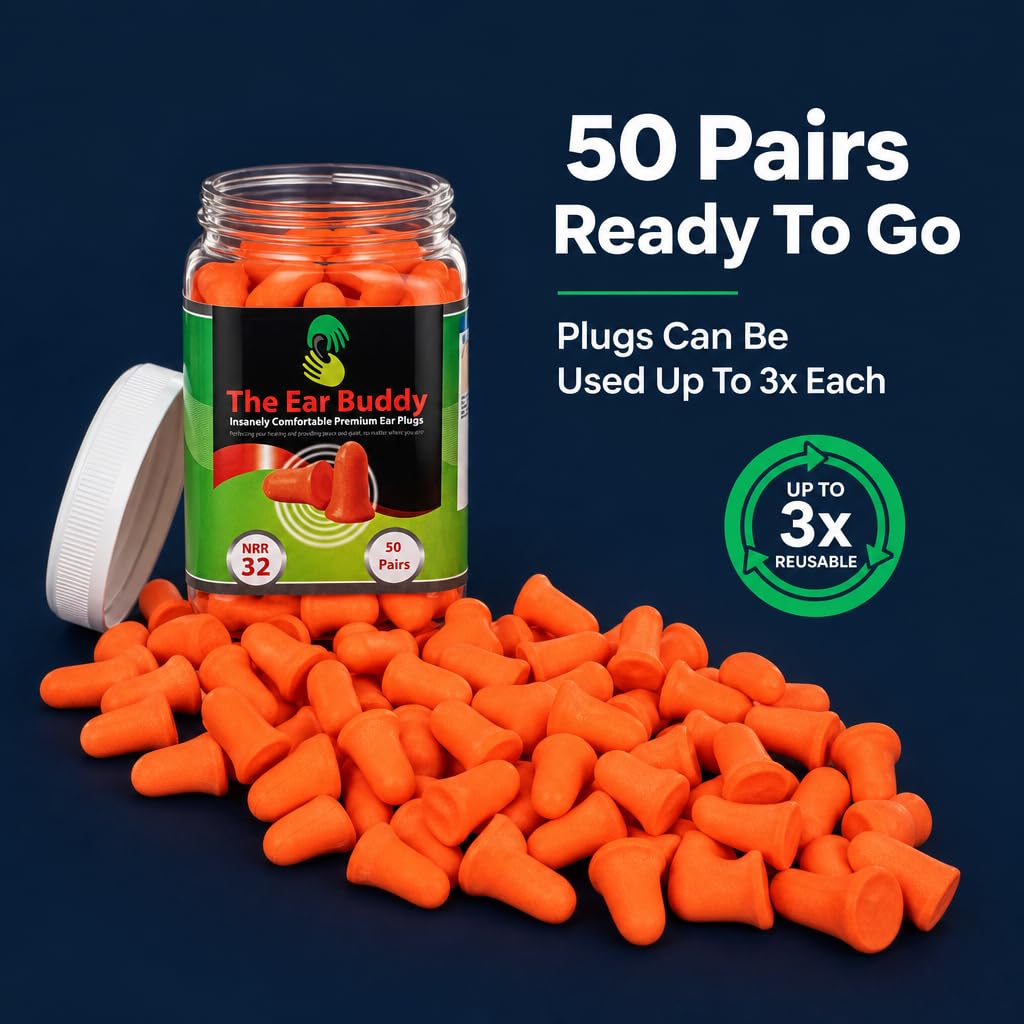 The Ear Buddy Premium Soft Foam Ear Plugs for Sleeping Noise Cancelling, Hearing Protection Earplugs for Shooting Range, Concerts, Work & Travel, Noise Reduction Rating 32 Decibels, 50 Pairs