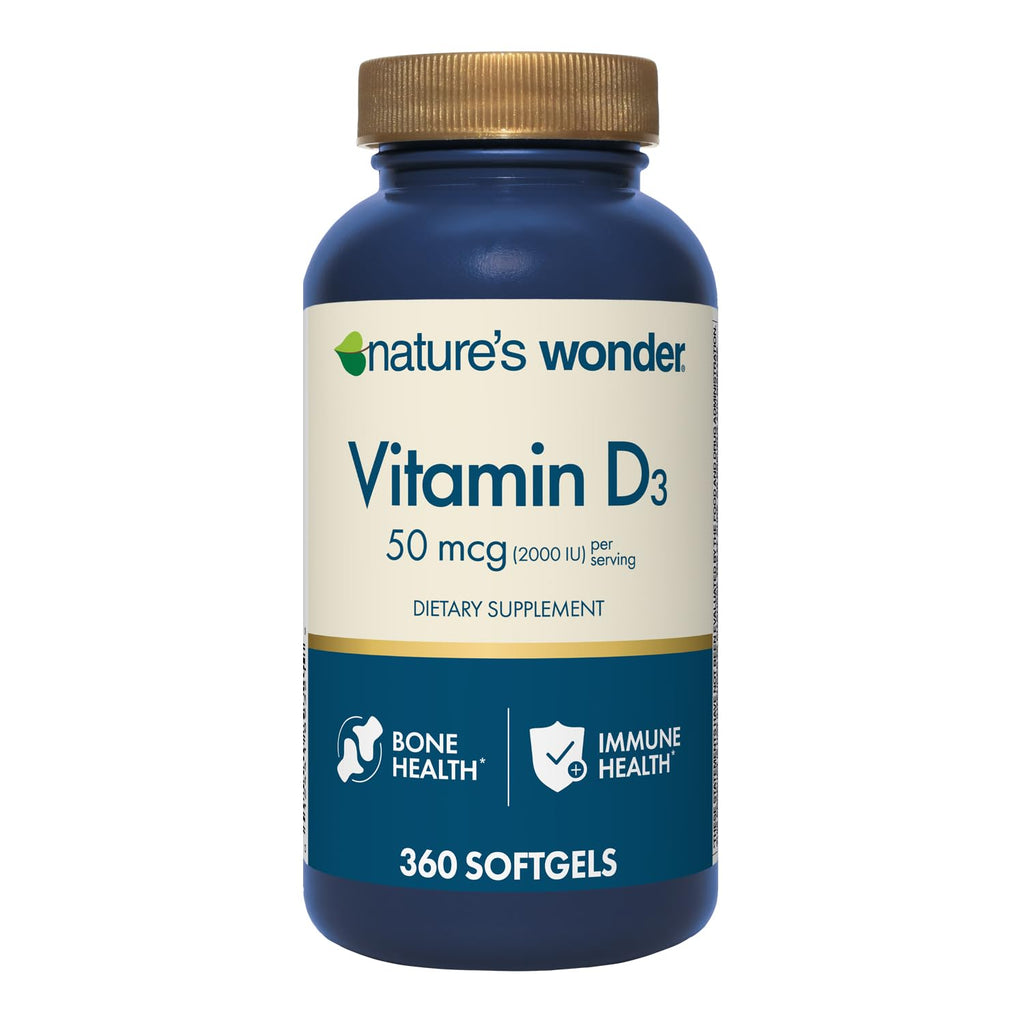 Nature's Wonder Vitamin D3 2000 IU (50mcg), Gluten-Free, 360 Softgels | Potent Bone Health, Immune Function & Calcium Absorption Support for Women & Men, Year Round Daily Wellness, 360 Day Supply