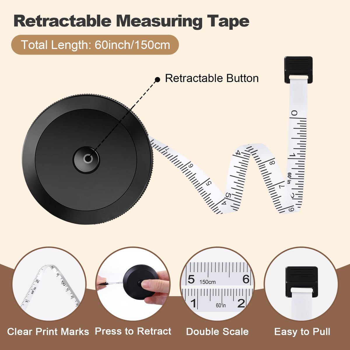 Upgraded Soft Tape Measure, Measuring Tape for Body Measurements, Retractable Measuring Tape, Flexible Measuring Tape for Body, Sewing, Fabric, Tailor, Mini Tape Measure, 2 Pcs