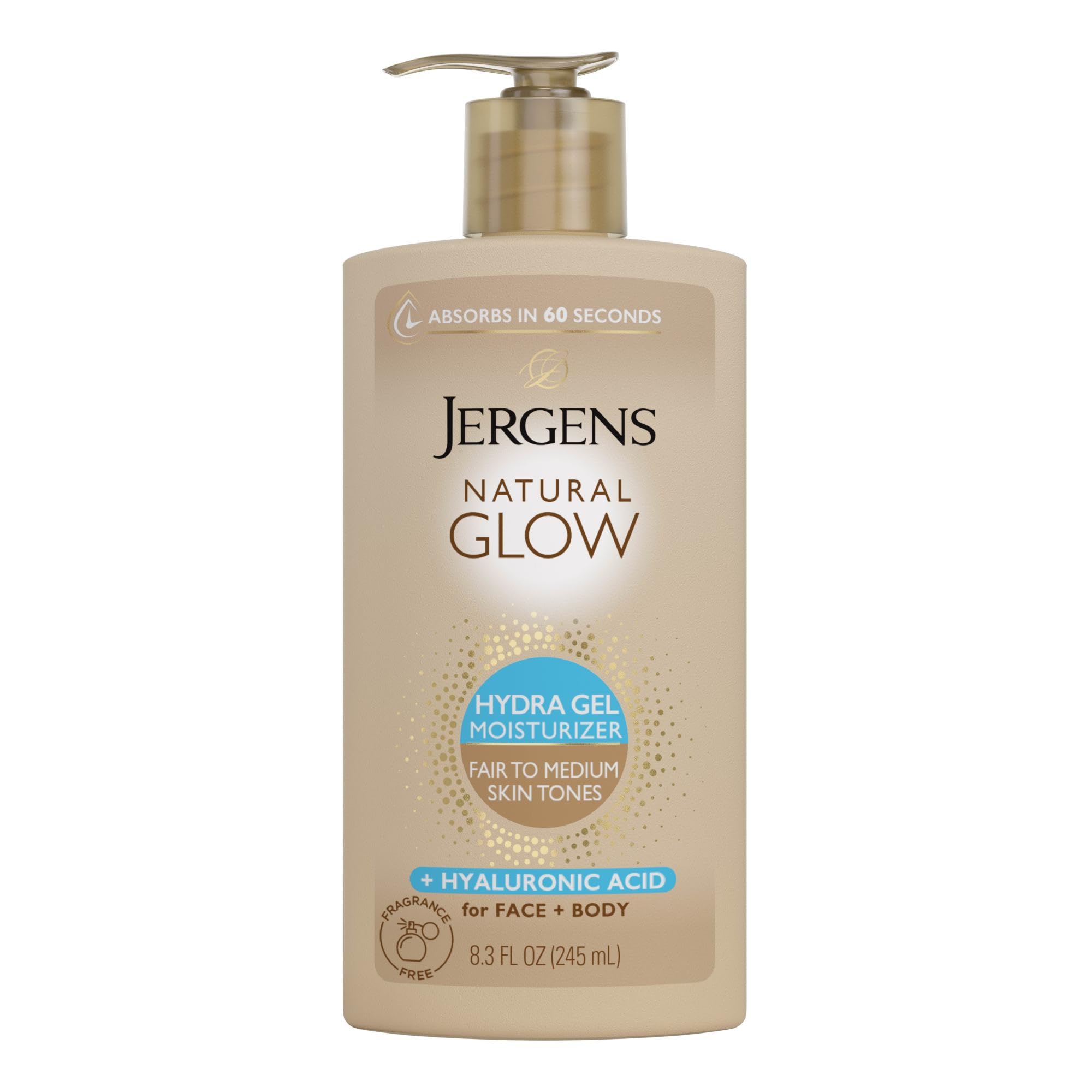 Jergens Natural Glow Hydra Gel Self Tanner, Fair to Medium, 8.3 fl oz | Gradual Self Tanning Gel, Hyaluronic Acid, Hydrating, Fragrance-Free, Fair to Medium Skin, Buildable Glow