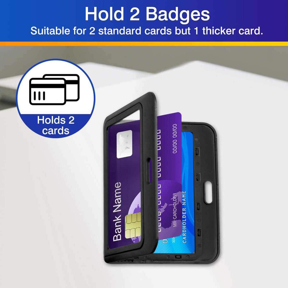 3-Pack Horizontal Hard Plastic ID Badge Holders – Double-Sided Black Card Case for Office, School, Credit & Access Cards